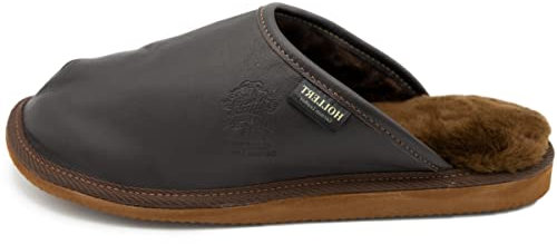Hollert Herren Lammfell Hausschuhe LUITPOLD Pantoffeln echt Merino Schaffell Echtleder warm und bequem Größe 46 EU, Farbe Braun