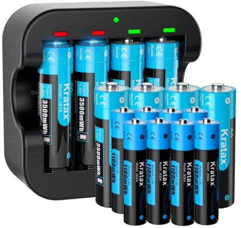 Rechargeable AA & AAA Lithium 1.5V Batteries - 3500mWh Doubla A &1100mWh Triple A for Household Office Devices, Long-Lasting High-Capacity, 1500Cycle,Constant Output (8AAA+8AA+Black Q022 Charger)