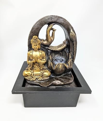 Indoor Buddha Water Fountain – LED Tabletop Zen Fountain with Golden Meditating Buddha & Lotus Feature | 28cm High | Plug Powered – Relaxing Water Feature for Home, Office, Yoga, Meditation JR5196