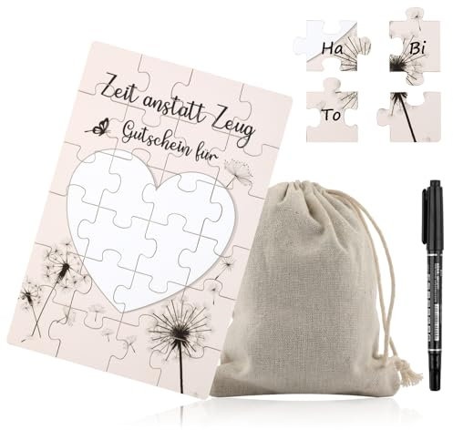 Svalor Holz Gutschein Puzzle 24-teilig - Blanko Gutscheinkarte mit Marker und Säckchen im Löwenzahn-Stil für Geburtstagskarte, Geschenke
