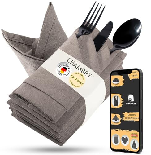 chambry 6 Stoffservietten 100% Leinen Stonewashed - 40cm x 40cm Farbe wählbar - inkl. Faltanleitung als E-Book - Handarbeit Made in Germany - wiederverwendbar, elegant und nachhaltig - Sand