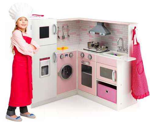 HOMASIS Cocina Infantil esquinera de Madera, Cocina de Juego con luz y Sonido, Cocina de Juguete con Accesorios, Cocinita con Fregadero, Horno, microondas, para niños de 3+ años, 85x84x85cm, Rosa