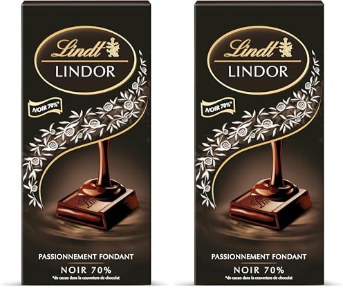 Lindt - Tablette LINDOR - Chocolat Noir 70% Cacao - Cœur Fondant, 145g (Lot de 2)