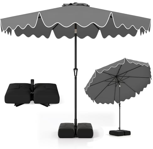 COSTWAY 2.71M/2.8M/3M Garden Parasol, 8 Ribs Heavy-Duty Sun Shade Canopy with Tilt and Ruffled Edges, Outdoor Market Table Umbrella for Beach Balcony Pool(Grey-with Weighted Base, 2.8m)