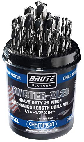 Champion Cutting Tool Brute Platinum 29 Piece 1/16-1/2 x 64ths HSS Mechanics Length Twister-XL28 Drill Bit Set-135 Degree Split Point, Water Resistant Index-MADE IN USA
