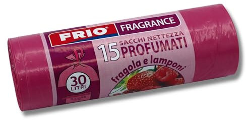 FRIO Müllbeutel 30L, Erdbeer & Himbeer Duft, Rot, 52 x 58 cm, 15 Stück – Parfümiert, Extra Stark, Reißfest, Mit Zugband, Premium Abfallsäcke