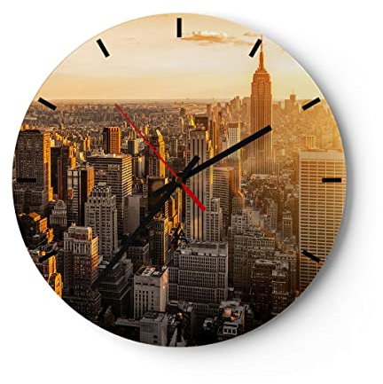 Modern Wanduhr New York Wolkenkratzer Manhattan 40x40cm Rund Groß Wand Uhr Glas Analog Zimmeruhren Küche Büro Wohnzimmer Glasuhr Wall Clock Dekoration Design Wanddekoration Küchenuhr C3AR40x40-2672