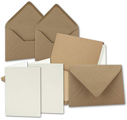 200x Vintage Kraftpapier Falt-Karten SET mit Umschlägen und Einlegern DIN B6-120 x 169 mm - braun - Recycling - blanko - NEUSER PAPIER