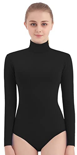 SUPRNOWA Turtleneck Leotard Long Sleeves Spandex Dance Workout Fitness Bodysuit for Women (X-Large, Black)
