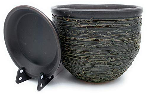 Sun Cakes Ceramic Plant Pot Glazed with Saucer Round Terracotta with Drip Tray Flower Pot Clay Coloured Flower Pot Antique (30cm x 22cm, Black/Green)
