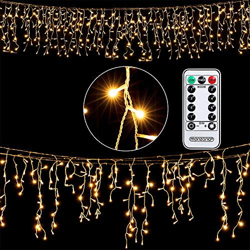 MONZANA® Lichterkette 400 LED 15m Fernbedienung 8 Leuchtmodi IP44 Innen Außen Regenlichterkette Lichtervorhang Eisregen warmweiß Weihnachtsbeleuchtung