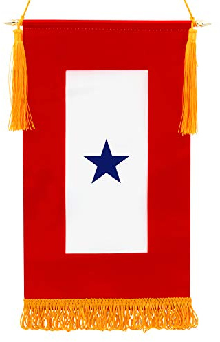 Anley Military Service Banner - USA Familienmitglied im Dienst EIN Blauer Stern - 15 x 8 gesäumte Flagge & hölzerner Fahnenmast & goldene aufhängende Schnur mit Quasten - lebendige Farbe