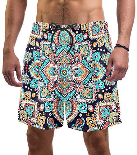 Eslifey Herren Strand-Shorts indisches Blumenmuster Paisley Medaillon Mandala Muster Badehose Elastische Badehose Boardshorts für Herren Gr. XXL, multi