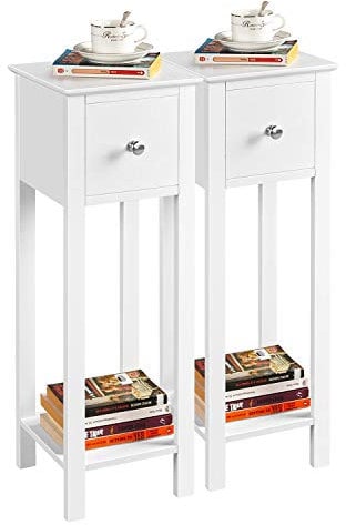 Yaheetech White Slim Bedside Table Set of 2, Narrow Wooden Nightstand with Drawer & Shelf, Tall Telephone Sidetable for Bedroom Living Room Hallway, 25x25x70cm