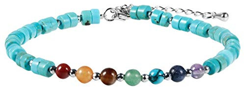 KYEYGWO Howlite Türkis 7 Chakren Stein Perlenarmband für Damen, Verstellbares Kristall Armband Flache Perlen Armbänder Yoga-Armband Edelstein Schmuck für Meditation Energietherapie