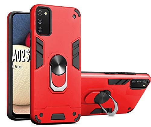 Folmecket Hülle für Samsung Galaxy A02S, 360 Grad rotierender Metallring Stoßdämpfung Verstärkte Ecke TPU für Galaxy A02S 5G (6.5 Zoll) Rot