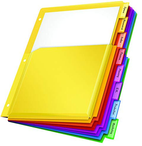 Oxford 89605 Fächer-Trennblätter aus Kunststoff, Trennwand für 3-Ringordner, flexible Fronttaschen, 8 Register, einführbare mehrfarbige Register, Briefgröße, 3 Sets