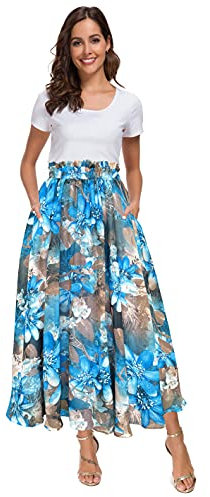 Afibi Damen Rock mit hoher Taille, Blumendruck, Swing, Chiffon, Midi, lang, mit Taschen - Blau - XX-Large