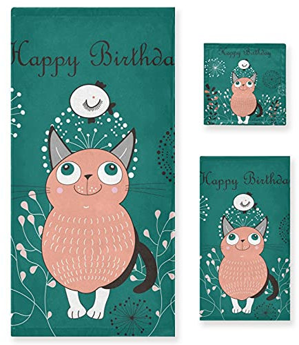Vnurnrn Joyeux Anniversaire De Chat Rose Ensemble de Serviettes pour Salle de Bain(1 Serviette de Bain,1 Serviette À Main,1 Gant de Toilette) Résistantes Aux Odeurs pour Garçons Filles