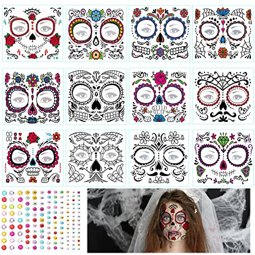 12 Fogli Halloween Tatuaggi Temporanei, Halloween Tattoos Adesivi Trucco, Halloween Temporaneo Tattoos Adesivi, Tatuaggi temporanei per Il Viso di Halloween, per il giorno dei morti