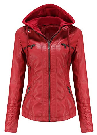 YAOTT Donna Giacca Pelle Sintetica Morbido con Cappuccio Staccabile Motociclista Bombardiere Taglia Grande Giacca in ecopelle Cappotto Outwear Cappotto Moto corto ZaoRosso 5XL