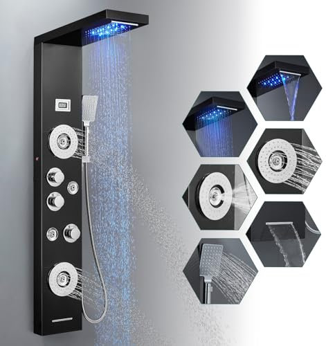 ROVOGO 7-Funktion Duschpaneel mit Armatur - LED Licht, Temperaturanzeige, Wasserfall und Regendusche Duschkopf, Massagedusche, Handbrause, Wanneneinlauf, Wandmontage Edelstahl Duschsäule, Schwarz