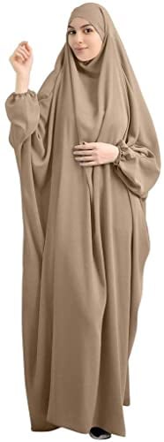 BOJON Muslimisches Einfarbig Damen Lose einteiliges Gebetskleid Full Cover Hooded Islamic Abaya Kaftan mit Hijab konservative Kleidung Gebetskleid den Ramadan für Ethnische, Abend, Party (Khaki)