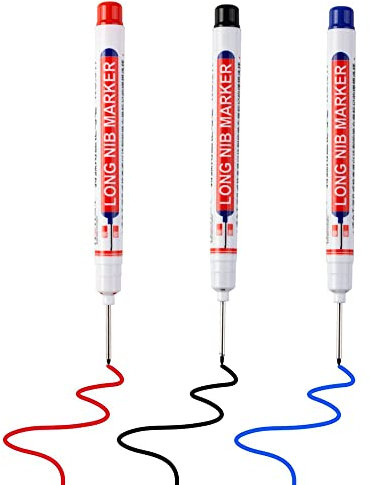 Acfun 3pcs Long Head Marker Pens Multi-Purpose Deep Hole Pens Deep Drill Hole Long Nib Deep Hole Pens Colorful Carpenter Pen for Bathroom Woodworking Hardware Decor, Red, Black, Blue Ink