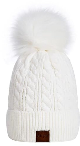 Alepo Damen Mütze Winter Warme Mit Bommel - Beanie Mit Fleece Gefütterte Weiche Skimanschettenmütze (Weiß)