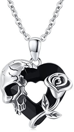 ECHOOY Gothic Schmuck Sterling Silber Schädel und Rose Schwarz Herz Anhänger Pentagramm Hexe Halskette Gothic Geschenke für Damen Herren Mädchen
