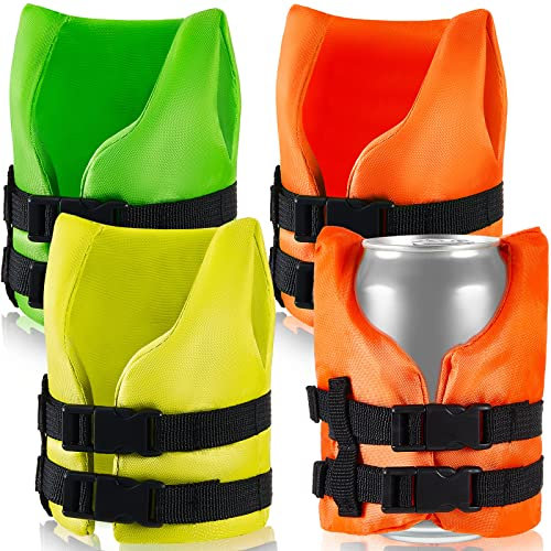 Suclain 3 Pcs Puffer Jacket Cup Holder Vest Can Cooler Life Preserver Wine Bottle Cover Insulated Beverage Cooler Jacket Cover Cooler for Pool Beach Party Favor(Orange, Yellow and Fluorescent Green)