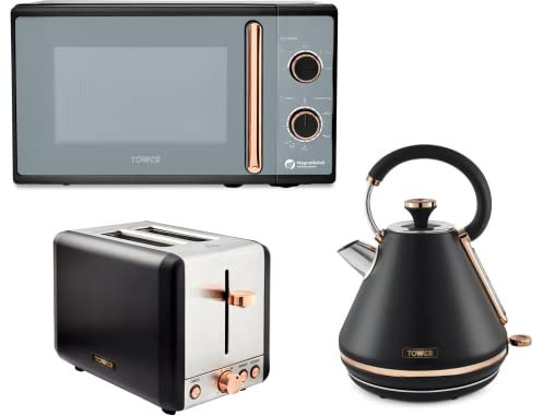 Tower Cavaletto Black & Rose Gold 3KW 1.7L Pyramid Kettle, 2 Slice 850W Toaster & 800W 20L Microwave, Contemporary Matching Kitchen Electrical Set in Black & Rose Gold