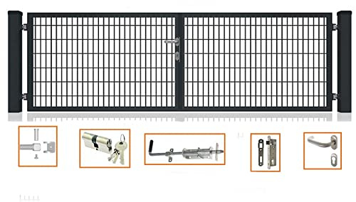 Doppelflügeltor Premium für Doppelsabmattenzaun Anthrazit 8/6/8 inkl Schloss Schlüssel Pfosten Breite: 5000 mm Höhe : Höhe 2000 mm