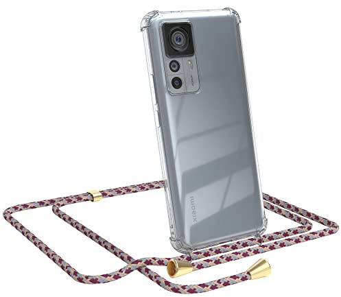EAZY CASE - Handykette kompatibel mit Xiaomi 12T / 12T Pro Handyhülle mit Umhängeband, Handykordel mit Schutzhülle, Silikonhülle, Hülle mit Band, Stylische Kette für Smartphone, Bordeaux Camouflage