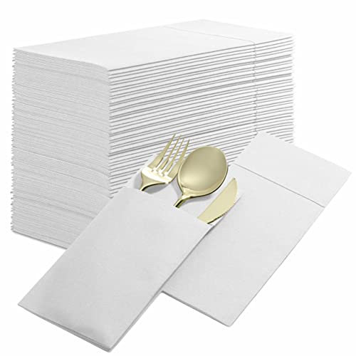 Einweg-Servietten mit Leinengefühl, mit integrierter Bestecktasche, 500 Stück, weiß, vorgefaltet, Stoffservietten wie Papierservietten für Abendessen, Hochzeit oder Party [Besteck nicht im