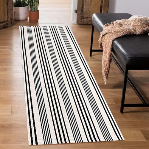 Läuferteppich, gestreift, 6 x 180 cm, waschbar, für den Eingangsbereich, Schwarz und Weiß