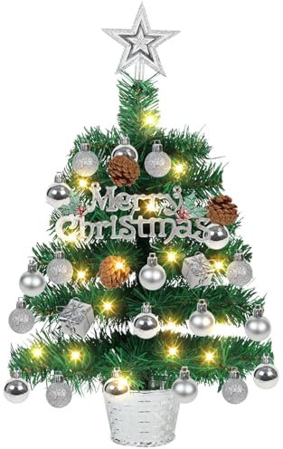 Small Christmas Tree with Lights,Silver Tabletop Artificial Christmas Tree Battery Operated, Mini Prelit Christmas Pine Tree with All Ornaments for Desk,Office,Xmas(50cm)
