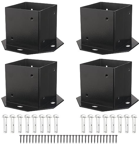 4 PCS Inner Diameter 4 x 4 Inch Black Fence Post Base Brackets, Heavy Duty Steel Powder-Coated Anchor Support Post Base Use for Pavilion Deck Railing Support Deck Base Plate, by GENHAKON.
