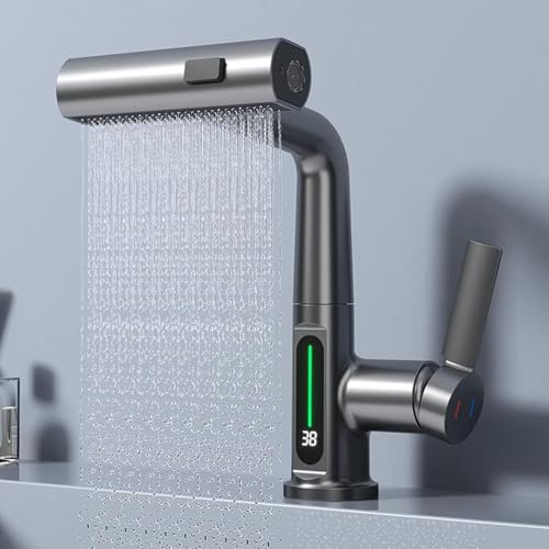 Yalsfowe Badezimmerarmatur mit Brause Ausziehbar, Badezimmer Wasserhahn mit LED-Temperaturanzeige, Wasserfall wasserhahn Mischbatterie,Waschtischarmatur mit 3 Strahlarten Küchenarmatur Grau