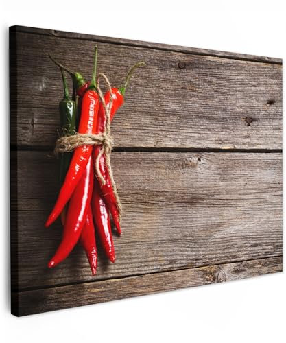 MuchoWow© Wandbilder 80x60 cm Schlafzimmer Home Deko Wohnung Bild Wohnzimmer Fotoleinwand Wand Bilder Leinwand Wall Decor Küche - Pfeffer - Holz - Gewürze - Kräuter - Rot