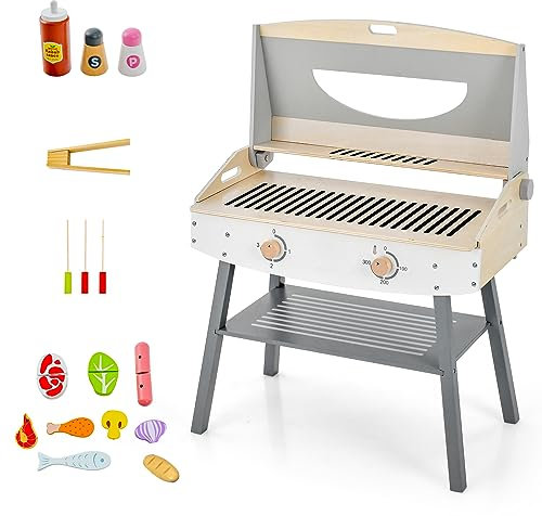 COSTWAY Juego de Juguetes de Parrilla de Barbacoa, Simulaciones de Juegos con 18 Piezas, Juego de Barbacoa de Juguete, Juguete de Cocina para Niños y Niñas a Partir de 3 años