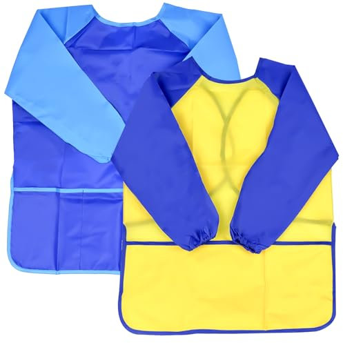 Avesteir Zweiteilig Kinderschürze Jungen und Mädchen, Kochschürze, Painting Coat Kinder, Schule Malkittel Schürze, Malschürze Malerkittel, Kittel zum Bemalen mit Taschen, Blau und Gelb (L size)