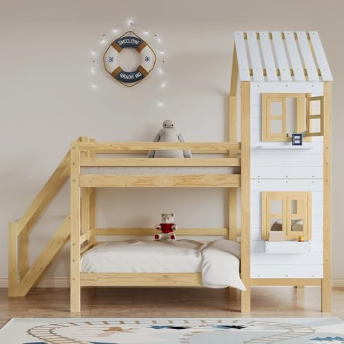 KnSam Etagenbett mit Handlauf und Fenster, Hausbett, Kinderbett mit Fallschutz und Gitter, Rahmen aus Holz, Weiß+Natur (90x200cm)