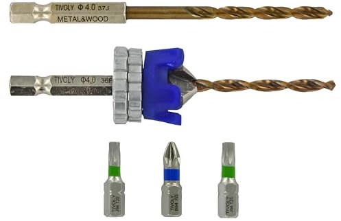 Tivoly • Kit Terrasse • Foret Ø4mm avec Fraisoir • Mèche & Fraise 2 en 1 Bois-Métal • 3 Embouts de Vissage INOX • Foret de Rechange Fourni • Butée de Profondeur Réglagle