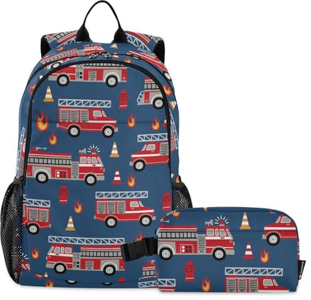linqin Mochila escolar para niños con diseño de camiones de bomberos dibujados a mano, mochilas escolares para niñas con lonchera, bolsa de libros con lonchera para niñas de 8 a 10 años, Camiones de