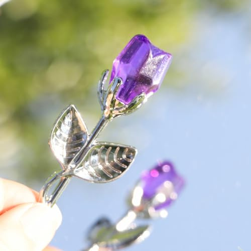 Glass Rose Mini Crystal Artificial Flower Wedding Gift Silver Purple | Handmade Tiny Crystal Flower Room Home Bedroom Office Kitchen Desk Shelf Decor Ornaments Figures Collection Statue for Women
