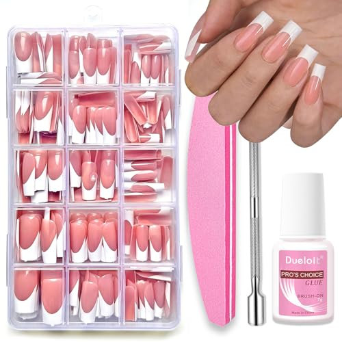 Fake Nails With Glue - 240pcs Long Press On Nails French Tip - 15 Size Nude Pink Coffin False Nails Kit - Full Cover Stick On Nails - Acrylic Nail Tips And Glue for French Manicure