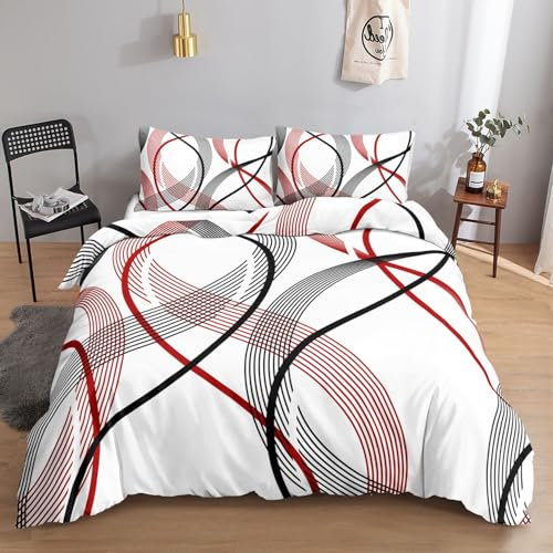 HOSIMA Bettwäsche-Set für Erwachsene, Jungen und Mädchen - Schwarze Rote Streifen-Druck, Bettbezug Mit 2 Kissenbezügen (XL)