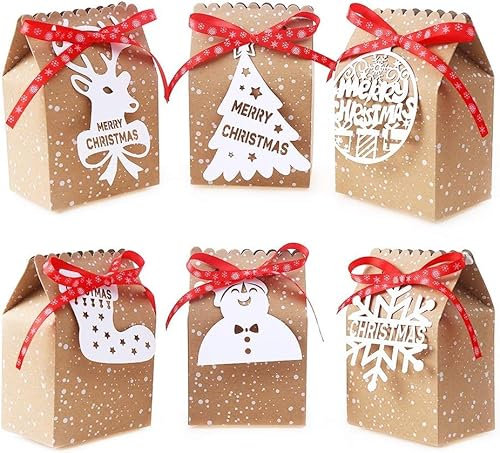 DERAYEE 24 Packung Weihnachten Kraft GeschenkBoxen für Xmas Party Dekoration mit 24 weißen Tags und Band Krawatten (6 Stile)