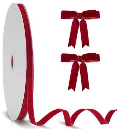 KINGLAKE 10mm Red Velvet Ribbon for Gift Wrapping, 25 Yards Double Sided Velvet Ribbon Thick Narrow Red Ghristmas Ribbon for Xmas Tree Decoration, Hair, Bows Making, Crafts